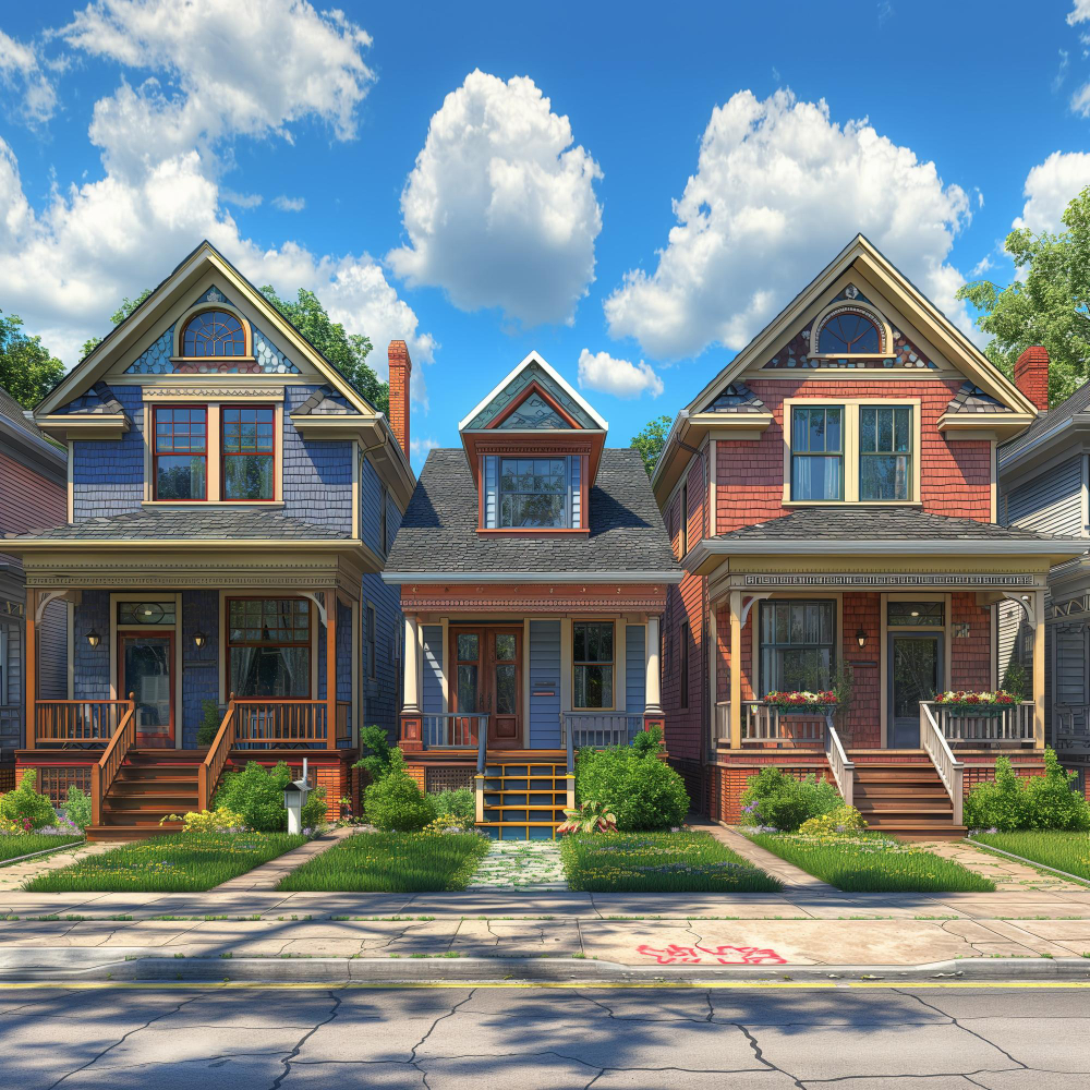 Row of newly built homes in a residential development