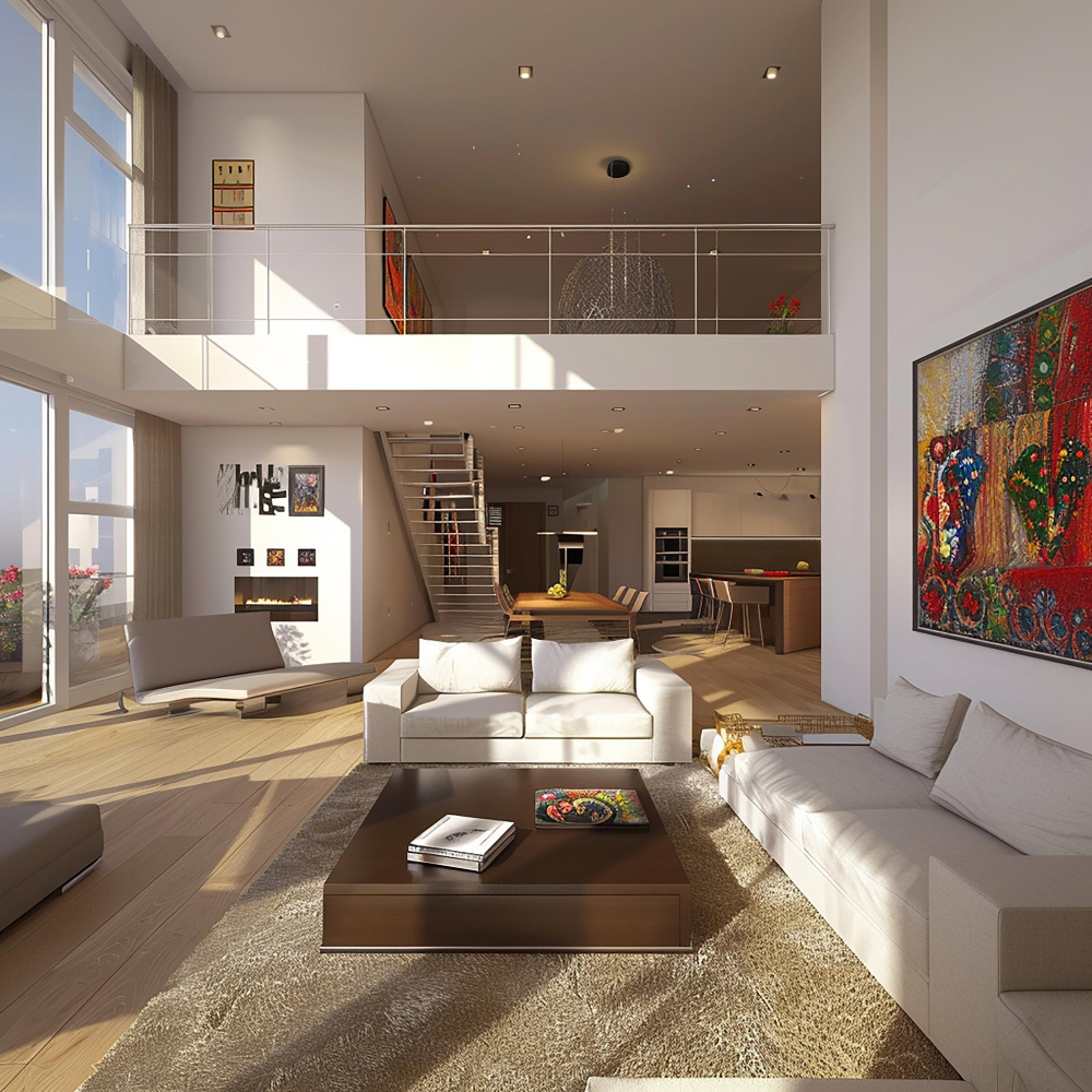 Modern open-plan living room with double-height windows