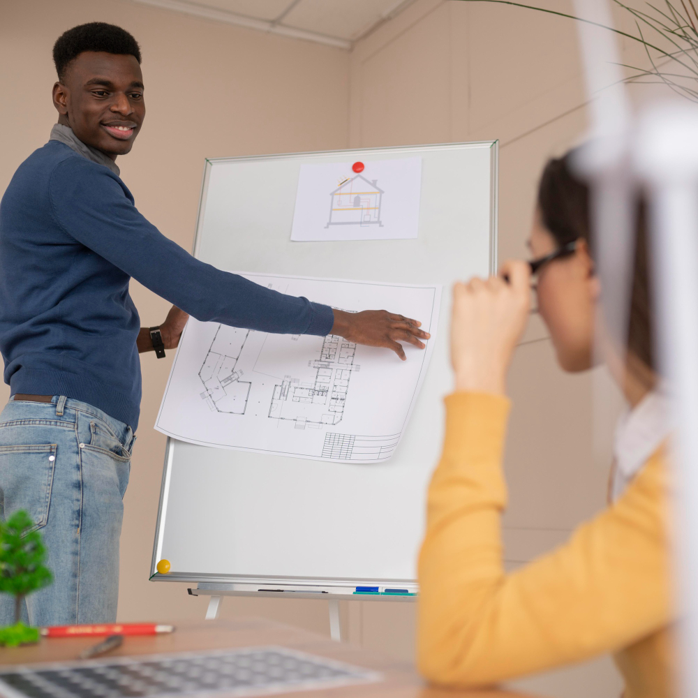 Team reviewing property plans at a whiteboard